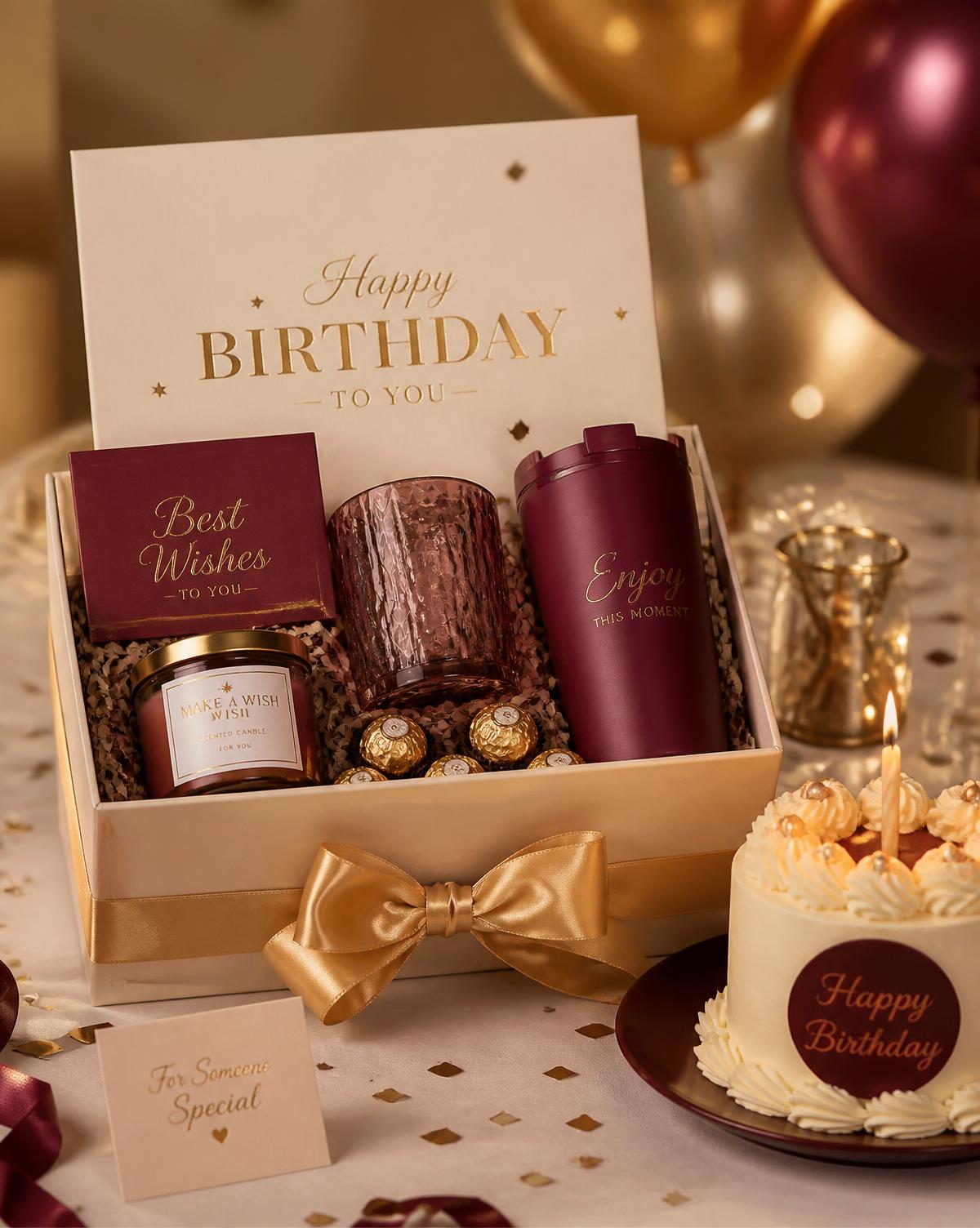 Birthday gift box styled in burgundy and gold