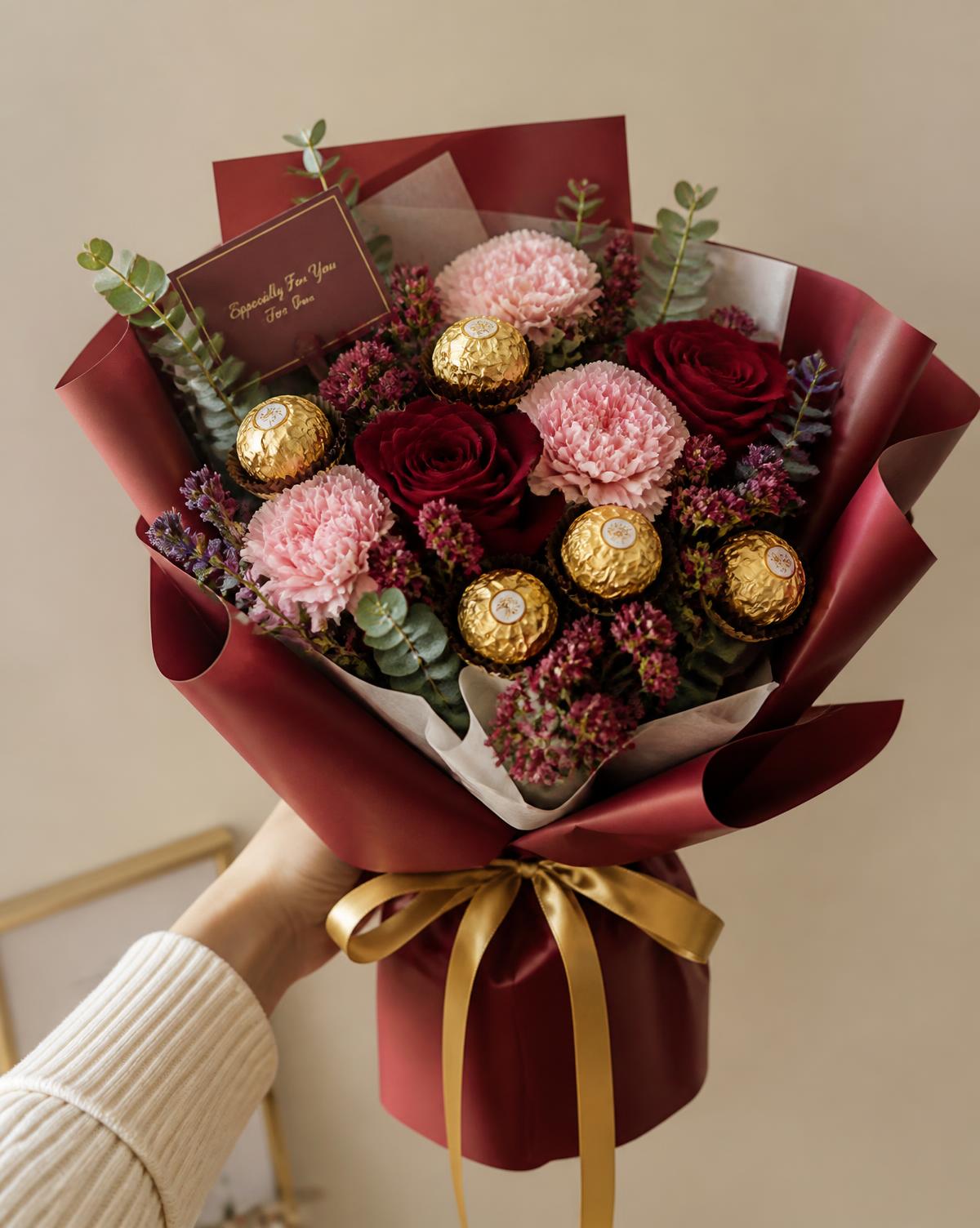 Burgundy wrapped bouquet with chocolates