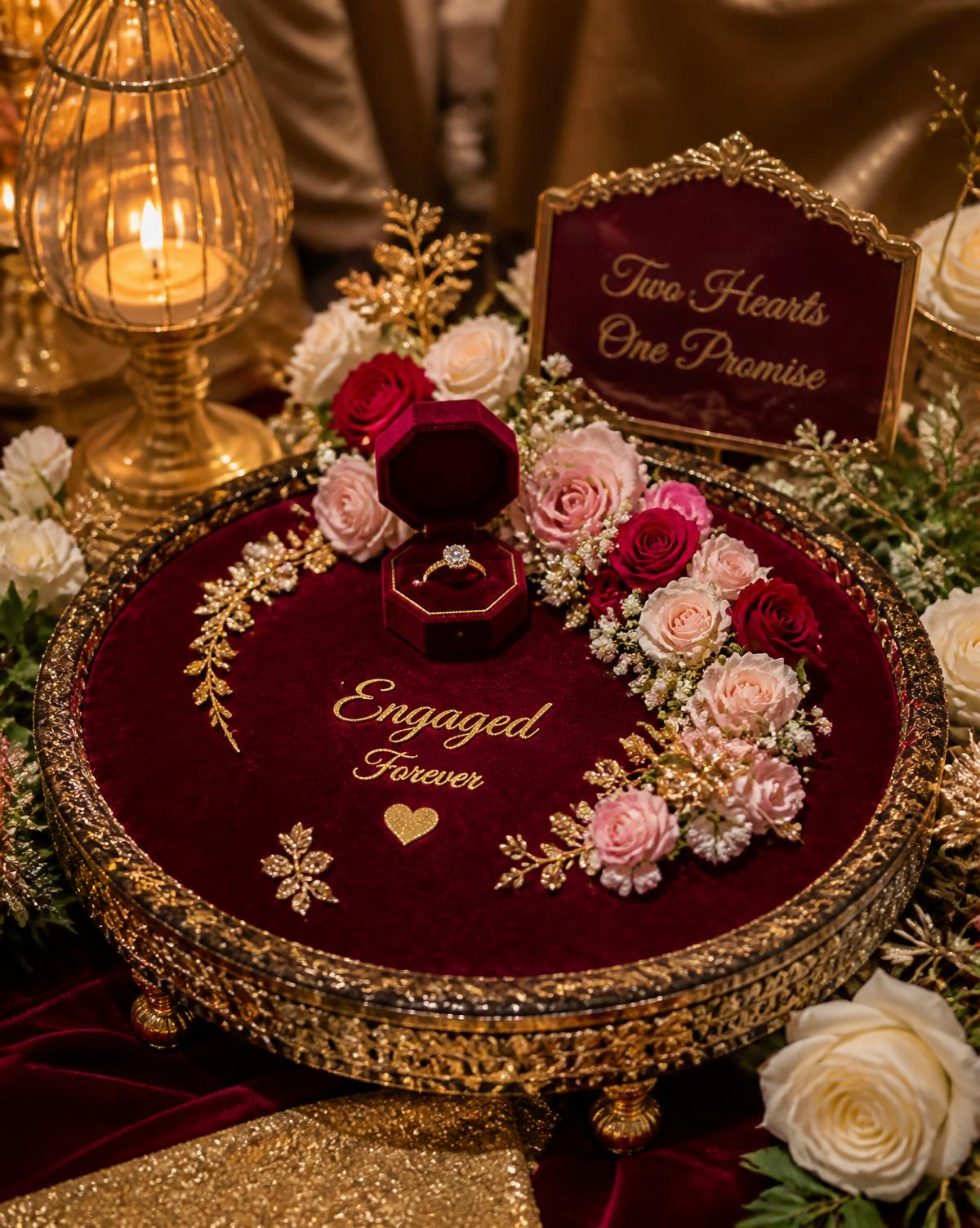 Engagement ring platter in velvet and gold
