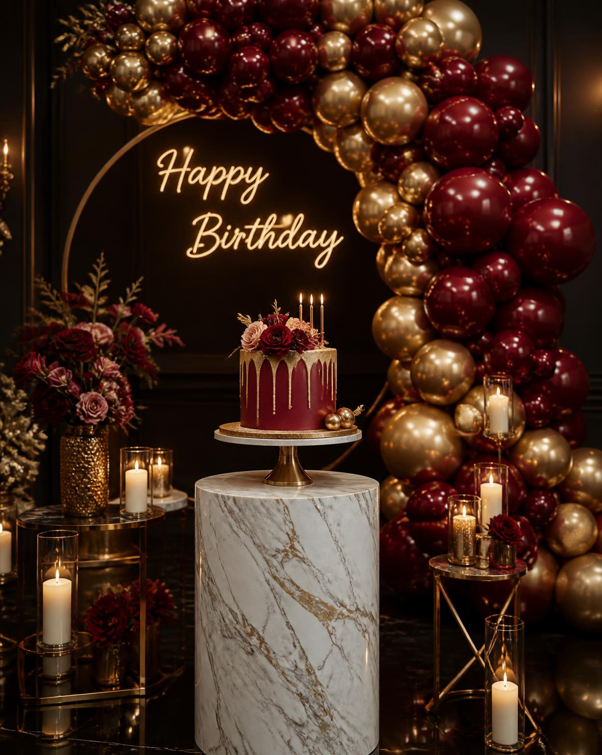 Birthday balloon and cake setup