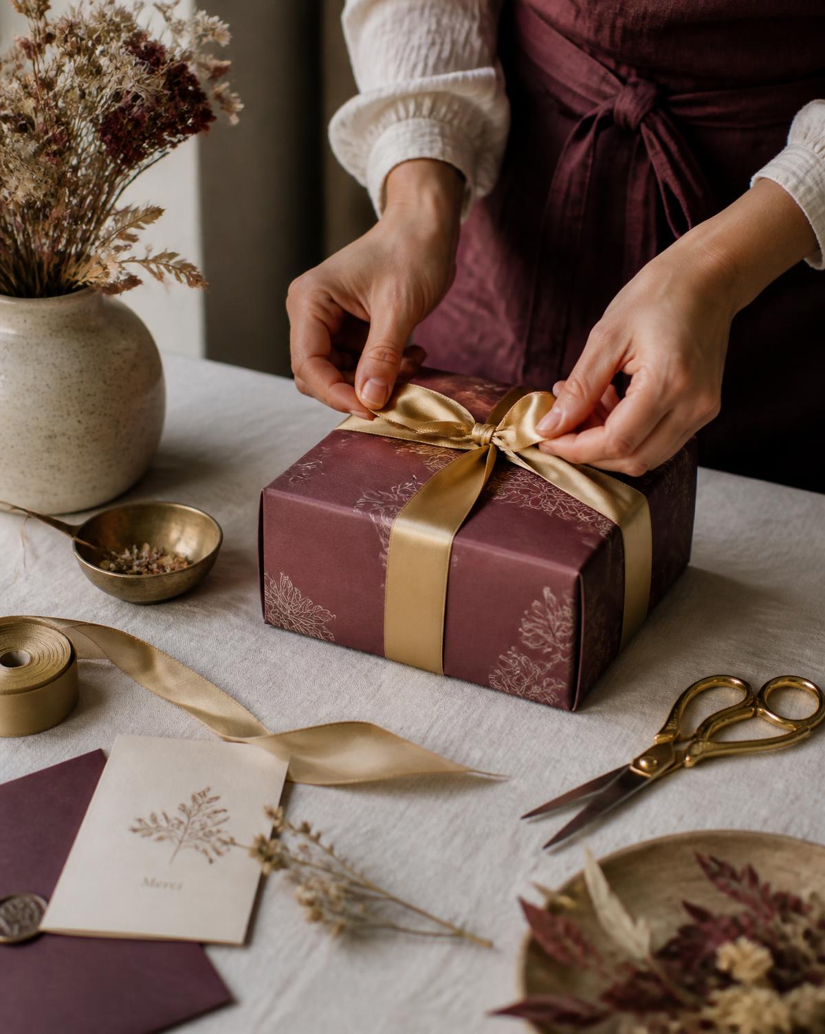 Hands tying a gold ribbon around a handcrafted gift box